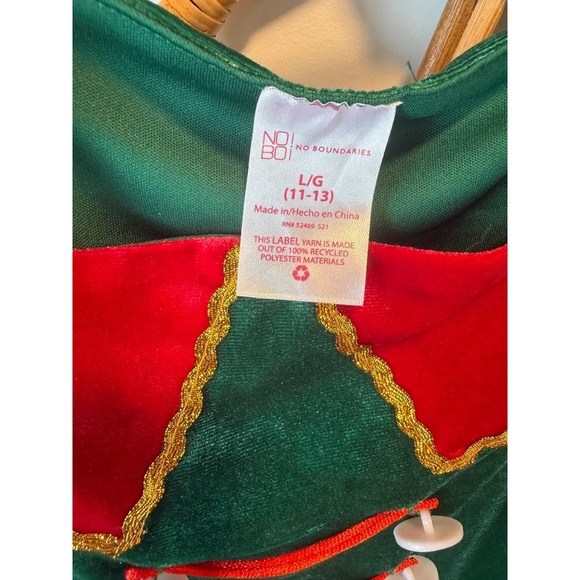 No Boundaries Christmas Elf Overalls Jumpsuit Costume Green Velvet L/G - Picture 2 of 3